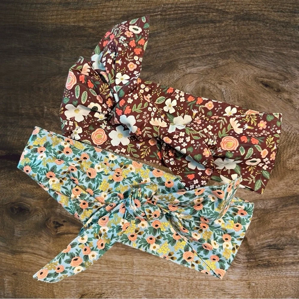 Maroon Wild Floral/Blue Floral Set/2 Wide Band Tie Wrap Bow Headband Multi-Color